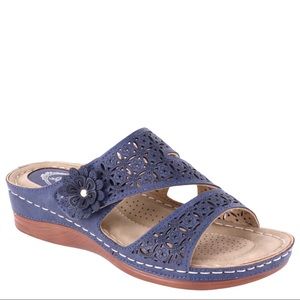 Italina Navy Comfort Flower Laser Cut Perforated Slip-On Wedge Strappy Sandal
